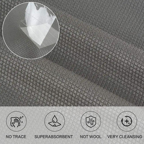 Close-up of grey fish scale microfiber cloth shows texture. Fish Scale Microfiber Cleaning Cloths For Glass And Mirrors label visible.