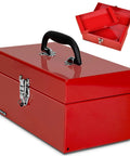 No Cap Heavy Duty Metal Tool Box With Secure Latch Lock, Portable 12 Inch Steel Storage Case For Job Sites And Backyard Builds, Durable Powder Coated Shell In Bold Red, showing closed and open views with compartments.