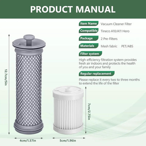 Tineco A10 A11 Vacuum Filter Replacement Kit with Washable Reusable Filters displayed with size measurements and materials.