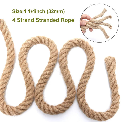Heavy Duty Jute Rope 1 1/4 Inch By 100 Feet Natural Hemp for Crafts, four-strand detail shown by hand
