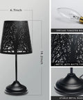 3 Level Dimmable Touch Table Lamp Black Metal Tree Pattern Shadow Bedside Cozy Night Light For Kids Vintage Accent Decor For Bedroom Living Room Mood Lighting In Small Spaces, showing black lamp with tree shadow shade, height of 14.2 inches, stable metal base, and vintage tungsten bulb.