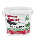 Proven Heavy Hitter Bromethalin Mouse And Rat Bait Blocks For Knockout Indoor And Outdoor Pest Control With Tamper Resistant Station Safety In Solid 4.25 Pound Bulk Pail shown in white container.