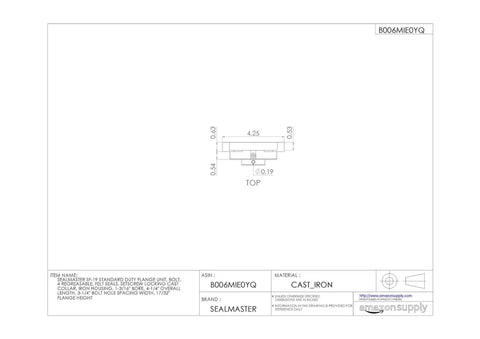 Beefy Standard Duty Cast Iron Flange Unit with dimensions, four bolt mount, regreasable ball bearing, top view.