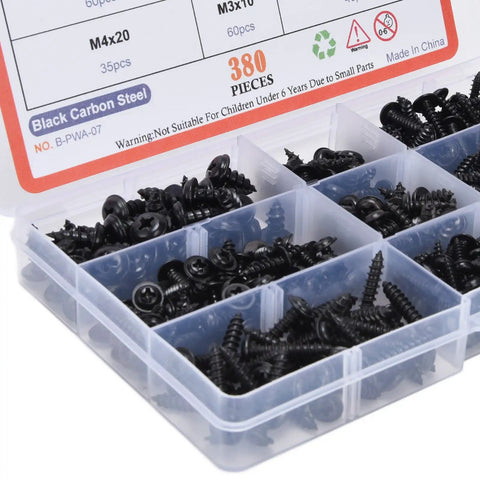 380Pcs Self Tapping Screws Kit Black Carbon Steel Round Head Self Drilling Screws With Washer For Sheet Metal Wood Plastic