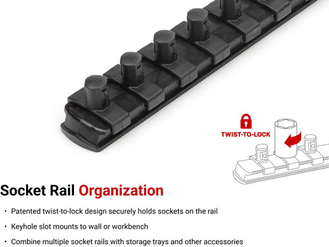 Close-up of socket rail from Three Eighth Inch Drive Twelve Point Socket Set With Rails And Tray Thirty Piece Inch Sizing