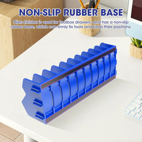 2 Pack Pliers Organizer Rack With Nonslip Base, 10 Slot Drawer Plier Tray on a desk, blue color, shows non-slip base.
