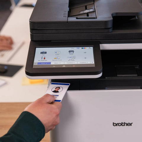 Close-up of Color Laser All In One Printer with Duplex Printing, Scan and Copy being used in office showing control panel