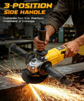 Heavy Duty Cordless Angle Grinder 4.5 Inch With Slick Brushless Motor cranking 9300 RPM, featuring a 3-position side handle for versatile grip.