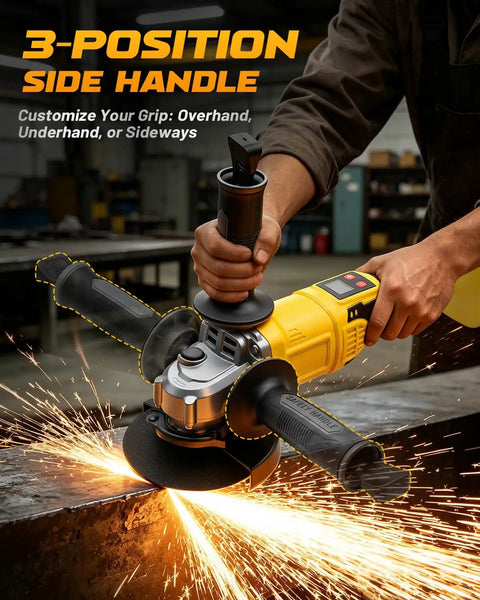 Heavy Duty Cordless Angle Grinder 4.5 Inch With Slick Brushless Motor cranking 9300 RPM, featuring a 3-position side handle for versatile grip.