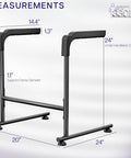 Measurements of Heavy Duty Toilet Safety Rails With Padded Grip Handles, steel frame, supports 330 lbs, dimensions 24x20x14.4 inches.