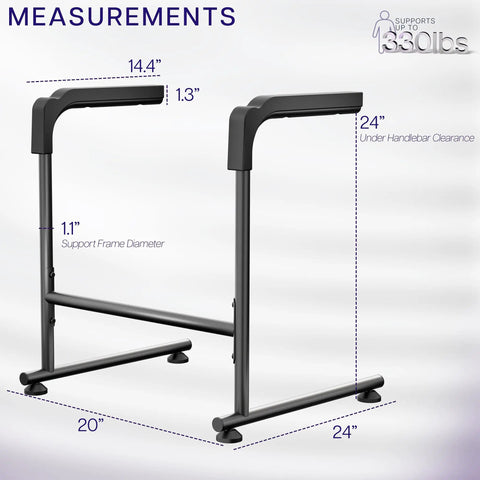 Measurements of Heavy Duty Toilet Safety Rails With Padded Grip Handles, steel frame, supports 330 lbs, dimensions 24x20x14.4 inches.