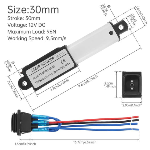 12 Volt Mini Linear Actuator With Rocker Switch Rock Solid For Heavy Duty Push Pull Projects features 30mm stroke and wiring connection.