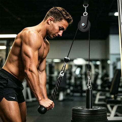 2 Pack Snag Free Nylon Gym Cable Pulley Wheels Fastened To Heavy Gauge Steel Brackets For Garage Gym Setup Silky Smooth Glide Built Like A Tank For Lat Pulldowns And Cable Workouts Rating Six Hundred Pounds in use during lat pulldown.