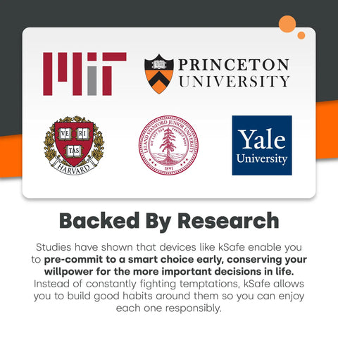 Medium Time Locking Container With Access Port White Willpower Lock Box For Breaking Bad Habits logo collage from MIT, Harvard, Princeton, Yale.