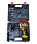 Kickoff Your Weekend Repairs Without The Sweat Using This Dependably Smooth 21V Cordless Battery Drill And Driver Set with tools and batteries in a black case.
