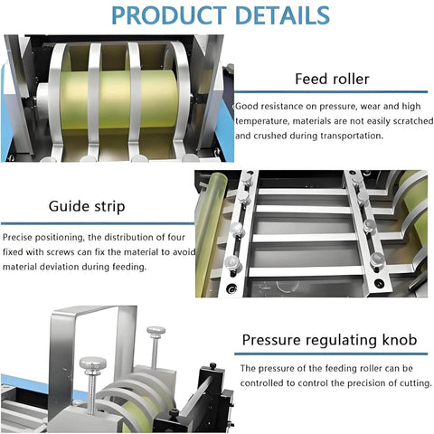 Detailed view of Automatic Heat Shrink Tube Cutter with feed roller, guide strip, and pressure regulating knob for tubing adjustments.