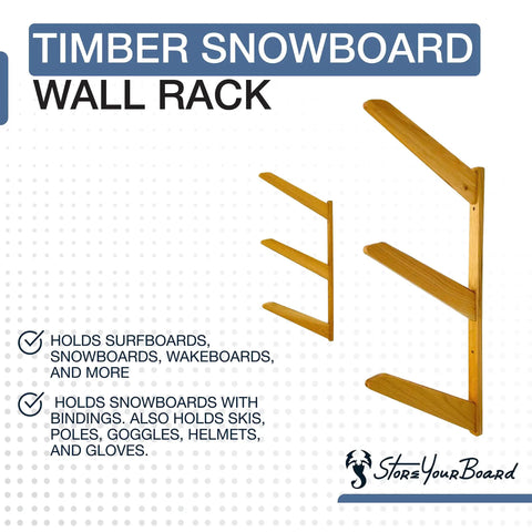 Premium Heavy Duty Solid American Oak Snowboard Wall Rack Holds Three Boards Securely with Extra Stash Zone for Helmets Goggles and Ski Poles for Your Garage or Man Cave Flex Display