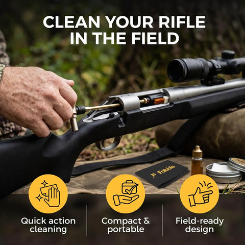 Remington Model 700 Field Cleaning Kit With Quick Action Brush And Tough As Nails Steel Bolt Opener Including Five No Nonsense Replacement Swabs For Gritty Raceway Lugs And Snappy Firing Pin Service, person using quick action brush on rifle.
