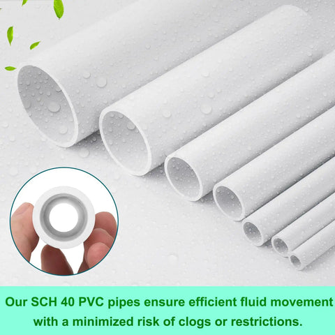 White PVC pipes displayed in various sizes, emphasizing SCH 40 quality and indoor-outdoor use for DIY projects and greenhouses.