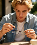 3 Pcs Universal Phone Screen Scratch Removal Gel held by person using it on glasses outdoors to fix surface scratches.
