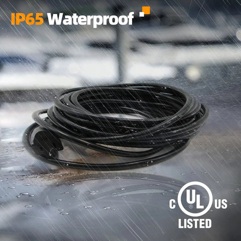 Heavy Duty 15 Ft Extension Cord Built Damn Tough With 3 Prong Grounded Plug 16 AWG Weather Resistant Outdoor Power Cable For Shop Tools And Gear Flame Retardant Flexible Black shown coiled in rain with IP65 waterproof rating.