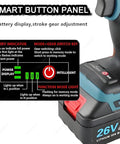 Top Tier Cordless Rivet Gun With Dual 26V Lithium Batteries And Seven Swap Out Tips Featuring Automatic Pin Ejection And Smart Digital Dashboard for battery and gear controls.