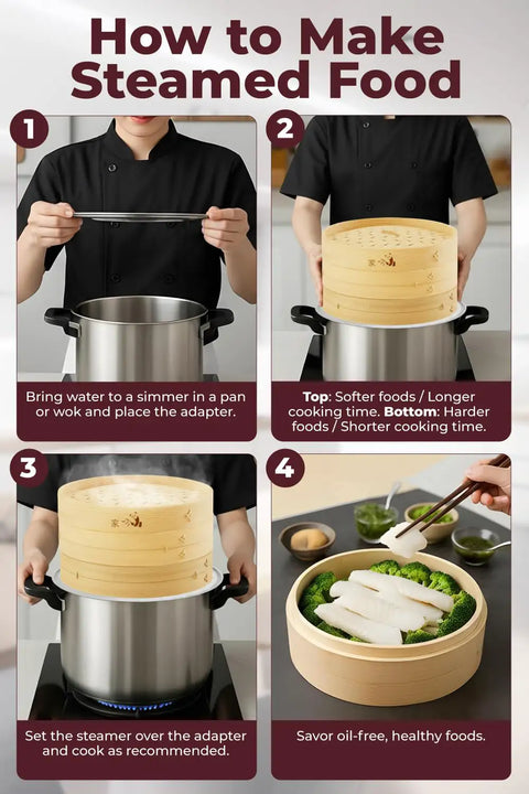 Image showing 8 Inch Bamboo Steamer Basket with 50 Liners in use for steaming healthy foods like broccoli and fish.