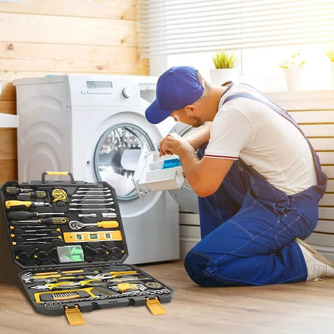 Worker using 158-Piece Socket Wrench Auto Repair Tool Set With Toolbox Storage Case near washing machine repair scene