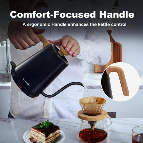 Person pouring water from Gooseneck Electric Kettle With Built-In Thermometer, 1L Stainless Steel, 1000W Fast Boil for coffee brewing