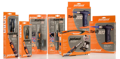 Assorted Portasol products including butane powered 125 watt heat tool kit with 7 tips for soldering and crafting projects.