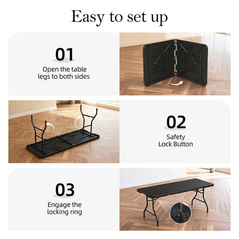 Steps for setting up a Six Foot Folding Table With Carrying Handle That's Built Tough For Indoor And Outdoor Parties, Easy To Fold.
