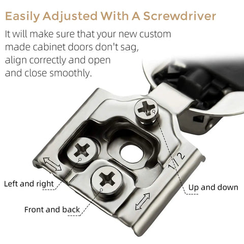 Close-up of Two Pack One Half Inch Overlay Soft Close Kitchen Cabinet Hinges in stainless steel with adjustable mechanism