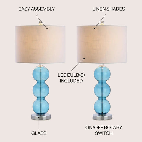 Sky Blue And Chrome Triple Sphere Glass Table Lamps Set Of 2 With White Linen Shades, 27-Inch Tall, LED Bulbs Included, ETL Listed