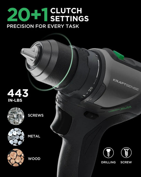 Badass 20V Brushless Cordless Drill Driver Set With 443 Inch Pounds Torque Two Speed Gears And 20 Ah Battery features clutch settings for precision.