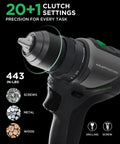 Close-up of 20V Brushless Cordless Drill Driver With 2.0Ah Battery showing 20+1 clutch settings, ideal for precision tasks.