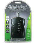 Set It And Forget It Hassle Free Led Countdown Timer 2 Outlet Outdoor Pigtail With Photocell Light Switch in black packaging.