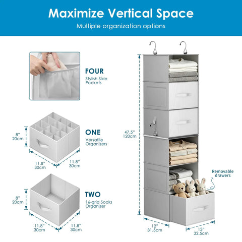 Versatile Six Shelf Hanging Closet Organizer With Split Shelf Design And Three Removable Drawers For Ultimate Flexibility Plus Four Mesh Storage Pockets.