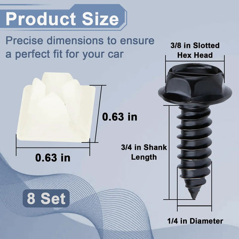 Product size diagram of 8 Pack License Plate Fasteners With Nylon Inserts, showing stainless steel screw dimensions.