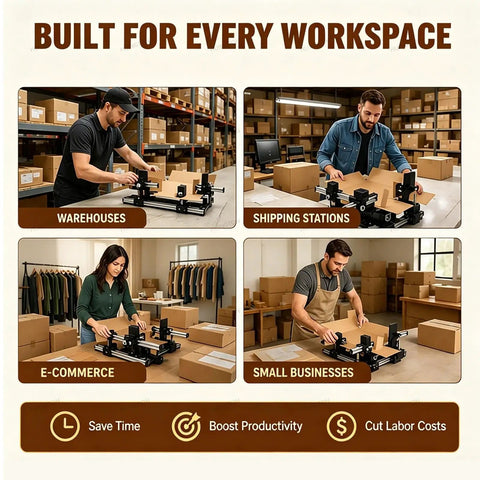 Effortless Manual Box Folding Tool For Shipping Cartons shown in various workspaces packing boxes efficiently.