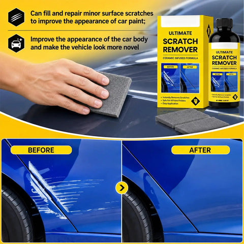 Knock Out Those Stupid Dings With This Legit Quick Fix Car Scratch Remover Paste For Every Paint Color, Includes Heavy Duty Buffing Cloths And Foam Pads For A Flawless Glossy Ride Finish, shown with foam pad and packaging on car.