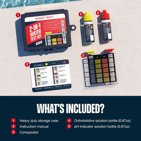 Keep Your Backyard Pool And Spa Water Crisp With This Solid Two Way Test Kit Checking Free Chlorine And pH Levels For Up To One Hundred Totally Hassle Free Home Checks. Image shows storage case, test bottles, and comparator.