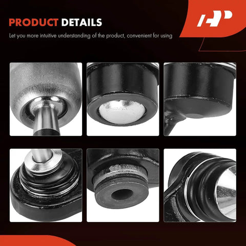 Close-up of Rock Solid Twelve Piece Front Suspension Kit With Heavy Duty Upper Control Arms, highlighting details of ball joints and bushings.