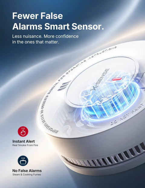 Photoelectric smoke detector with blue light, smart sensor, less false alarms, part of Five Pack Photoelectric Smoke Detectors With 10 Year Sealed Battery Ul Certified Real Deal Nuisance Free Sensing Solid Home Safety Gear Keeps Your House Locked Down Tight.