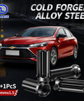 24pc Dope Black Spline Lug Nuts Set 14X15 Pitch Universal Fitment For Any Ride on display with a red car background.
