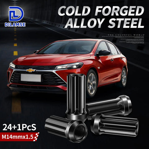 24pc Dope Black Spline Lug Nuts Set 14X15 Pitch Universal Fitment For Any Ride on display with a red car background.