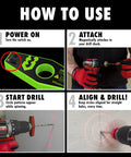 How to use Magnetic Red Laser Drill Guide for straight holes: power on, attach, start drill, align & drill.