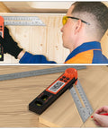 Digital Angle Finder Protractor 0-360 Degrees With T Bevel Gauge in use, LCD display showing angle, wood measurement.