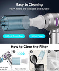 Cordless Handheld Car Vacuum With Brushless Motor 16000Pa Suction LED Light Type C Port showing HEPA filter and 400ml dust cup