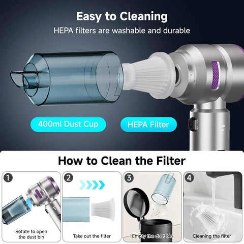 Cordless Handheld Car Vacuum With Brushless Motor 16000Pa Suction LED Light Type C Port showing HEPA filter and 400ml dust cup