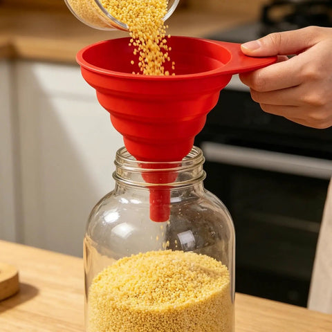 Four Pack Foldable Silicone Funnels Designed To Ditch The Drips And Streamline Liquid Transfers Between Kitchen Bottles Home Bars And Road Trip Gear For A Hassle Free Pour Every Single Time, red funnel pouring grains into jar.
